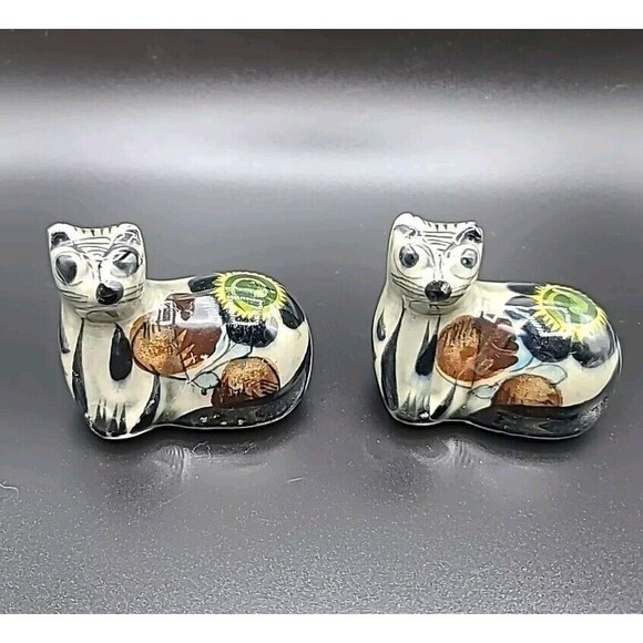 Tonala Cat Pottery Figurines Mexico Mexican Folk Art Set Of 2 - Picture 1 of 16